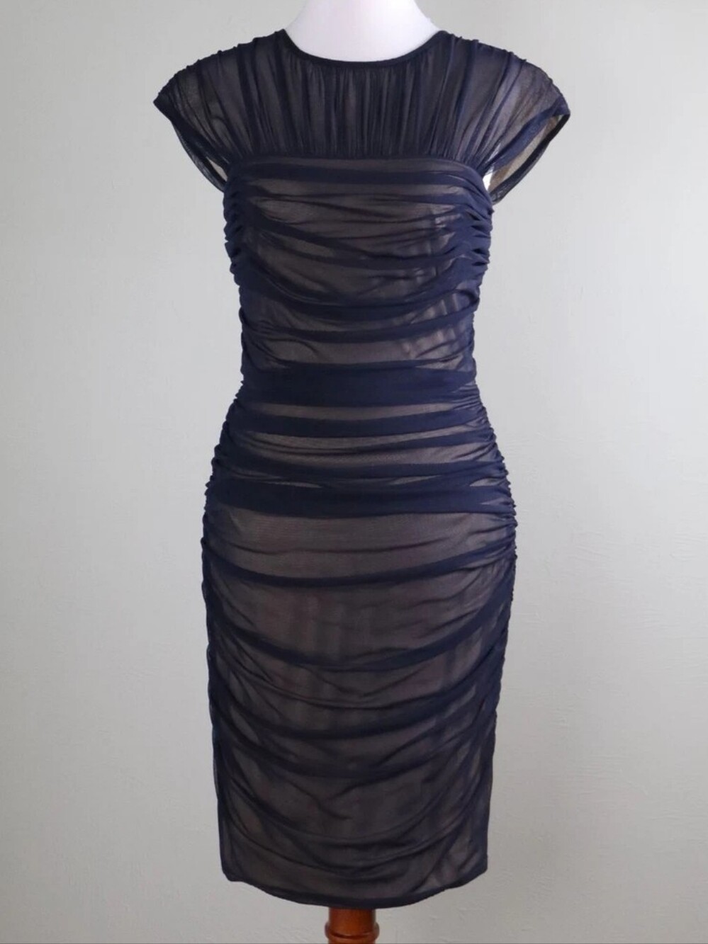Tadashi Shoji Black And Nude Sheer Ruched Midi Dress